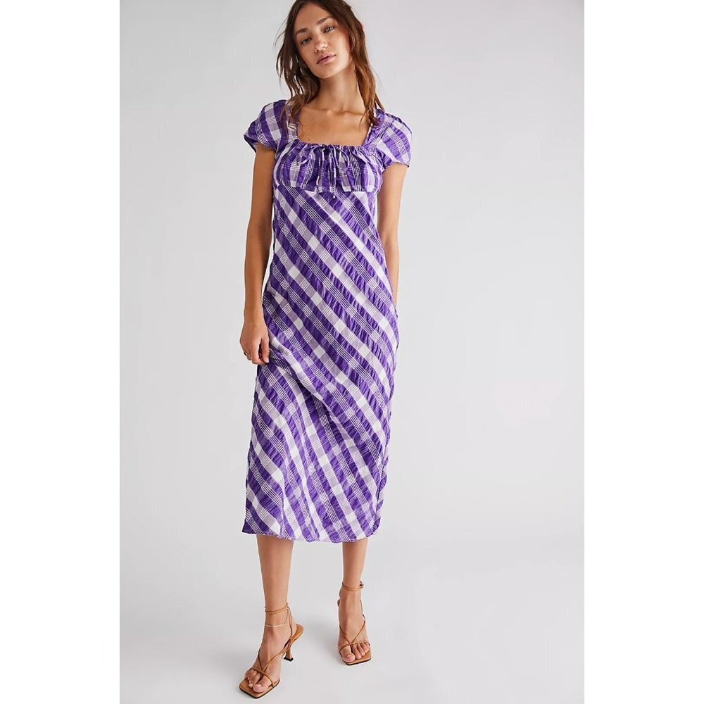 Free People Natalya Purple White Plaid Gathered Bust Midi dress NWOT Size Xsmall